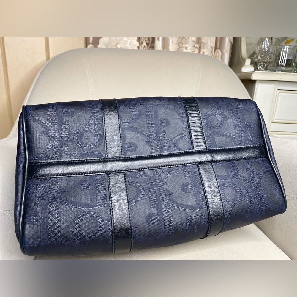 Vintage Christian Dior Coated Canvas Boston Bag Diorissimo PVC Leather Navy Gold - Picture 8 of 11